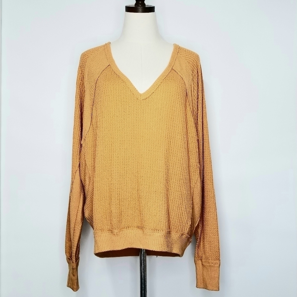 We the Free Yellow Mustard Loose Fit Deep V-neck Waffle Knit Longsleeve Top, S